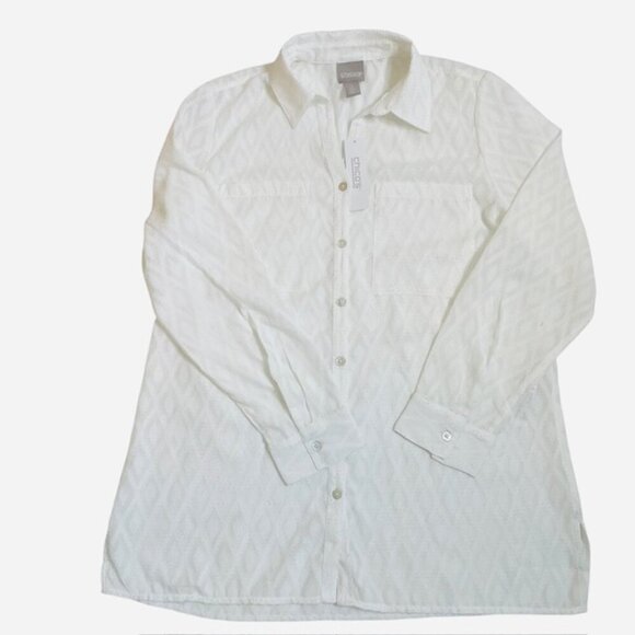 CHICO'S Textured Diamond Jacquard Button-Front Long Sleeve Blouse, Medium - NWT - Picture 3 of 10